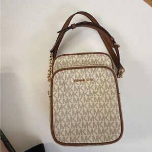 Michael Kors Beige Signature Canvas Crossbody with Brown Trim